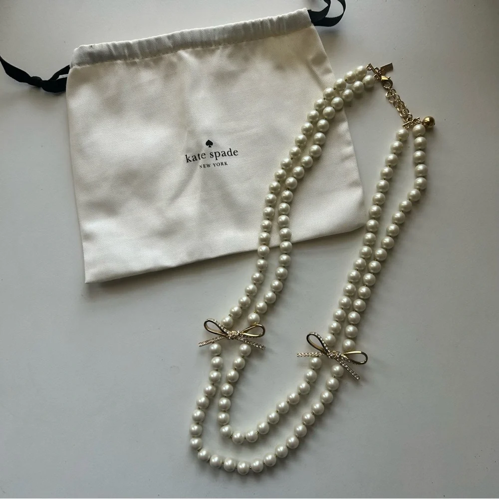Kate Spade Double Strand Pearl Necklace with Gold Diamond Bows - Picture 1 of 8